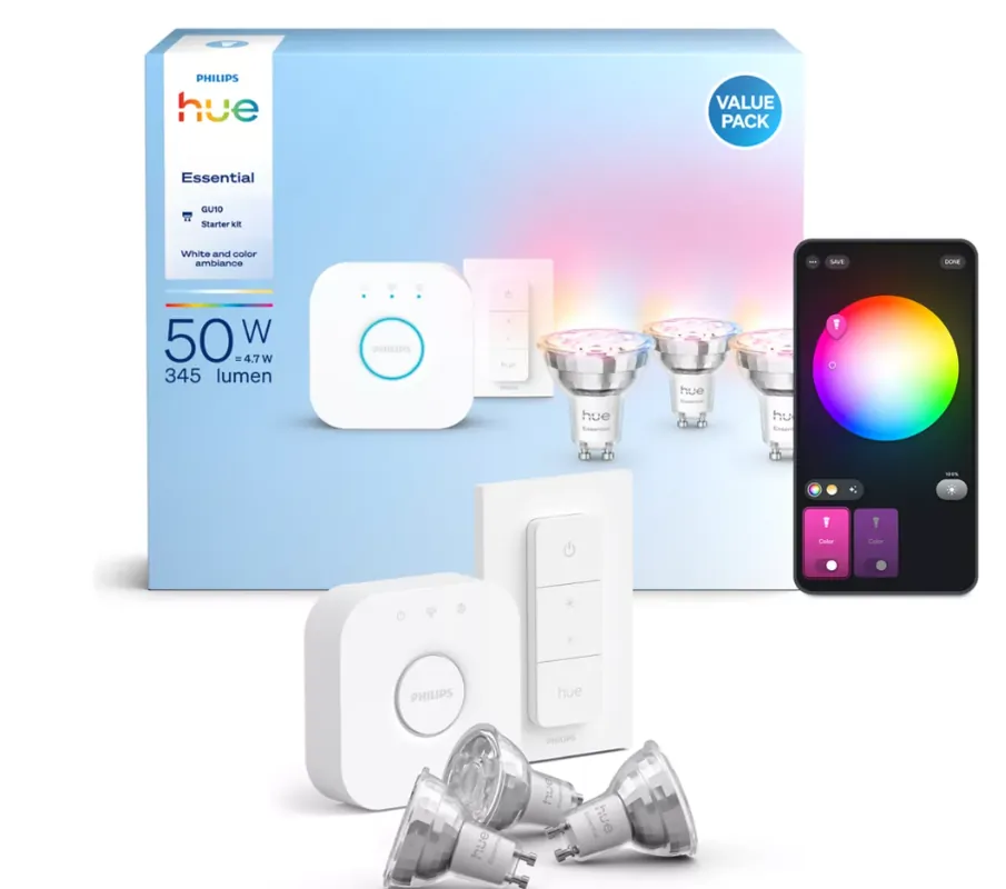 A Buon Prezzo Kit Bridge + 3 Lampadine Smart Philips Hue White & Color Ambiance GU10 Essential 50W + Dimmer - 10375800