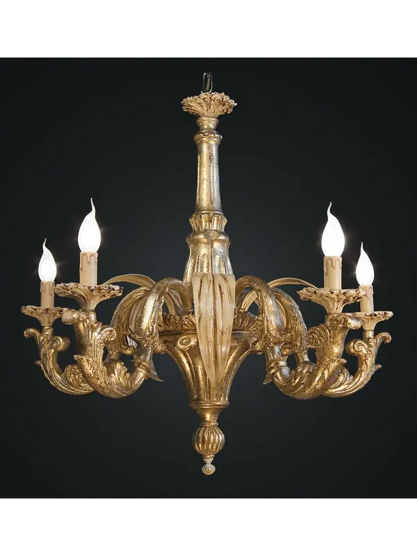 Lampadario classico legno e ferro battuto foglia oro e avorio 5 luci BGA 1798/5 Spedito Oggi