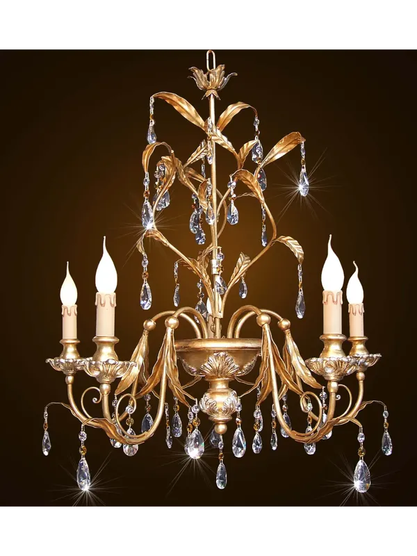 Lampadario classico in legno ferro battuto foglia oro-argento 5 luci BGA 1595-5 Offerta Speciale