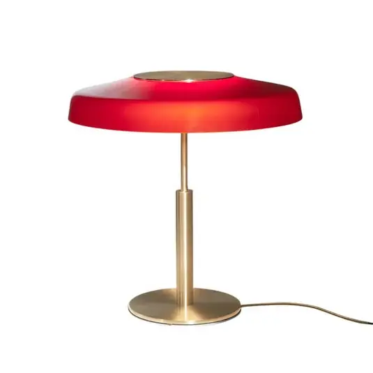 Nuovo Arrivo Oluce Lampada da tavolo LED Dora, dorata, rossa, metallo, PMMA