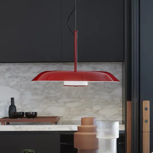Sconto Oluce lampada LED a sospensione Iride, Ø 85 cm, rosso, metallo, vetro