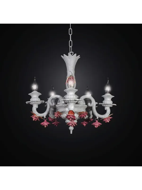 Lampadario classico in ceramica bianco con rose 5 luci BGA 2509-5 Ultimissimo Modello