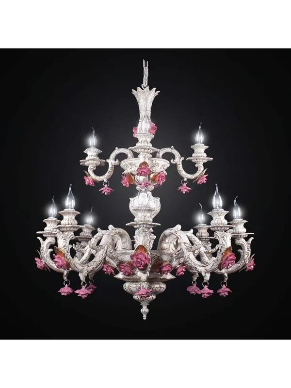 Lampadario classico in ceramica bianco con rose 12 luci BGA 2509-12 Non Perdere