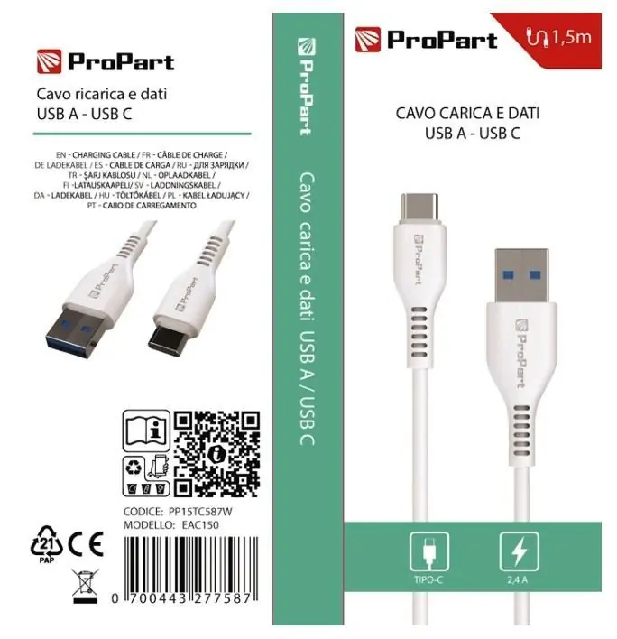 Cavo USB A USB C 2,4A 1,5 metri LIFE365 ITALY PP15TC587W Spedizione Espresso