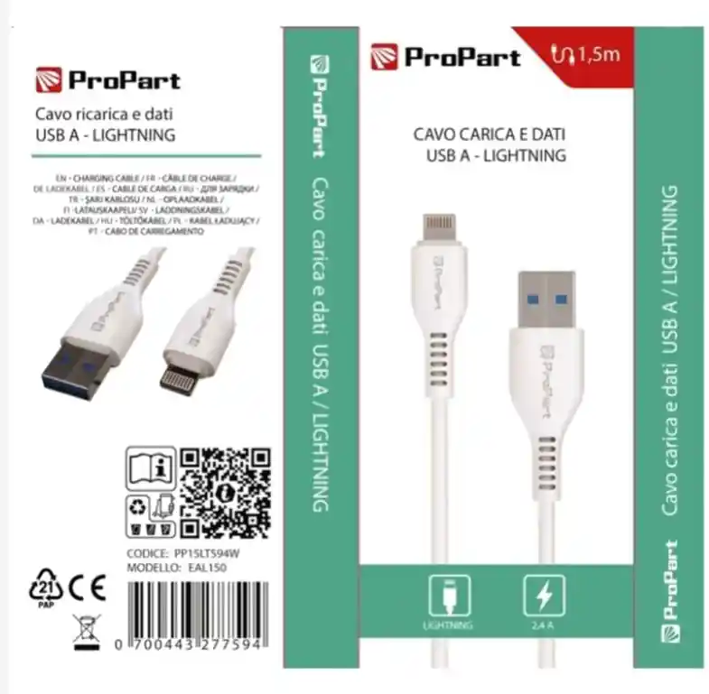 Cavo USB A Lightning 2.4A 1.5 metri LIFE365 ITALY PP15LT594W confezione da 10 Consegna Rapida