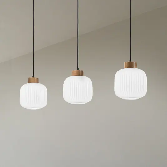 Lampada a sospensione Harmony, lunghezza 110 cm, vetro opalino, legno di Occasione
