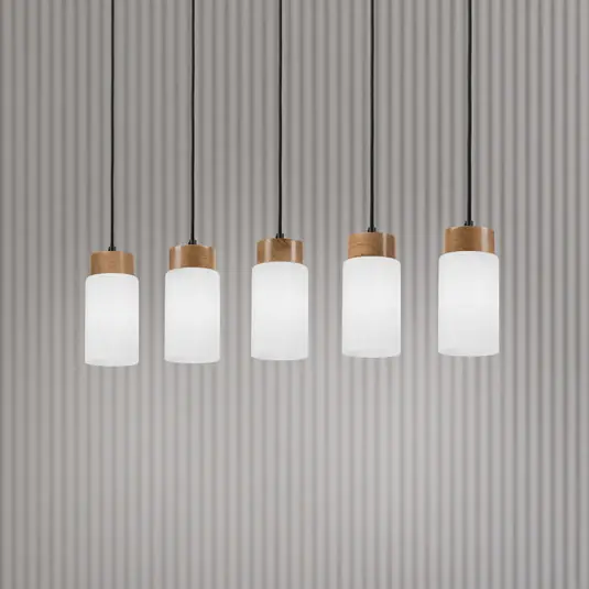 Must-Have Lampada a sospensione Markus, vetro opalino/legno di quercia, lunghezza 100 cm,