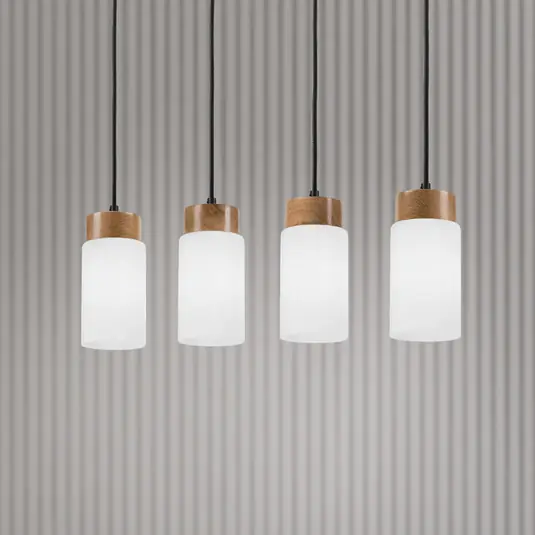 Lampada a sospensione Markus, vetro opalino/legno di quercia, lunghezza 80 cm a Economico