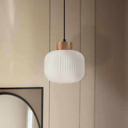 Lampada a sospensione Harmony, Ø 20 cm, vetro opalino, legno di quercia, E27 Prezzo Scontato