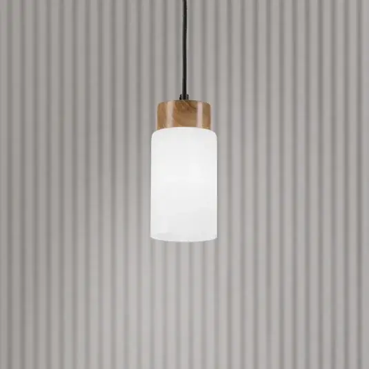 Lampada a sospensione Markus, vetro opalino/legno di quercia, Ø 9,5 cm, E27 Prezzo Scontato