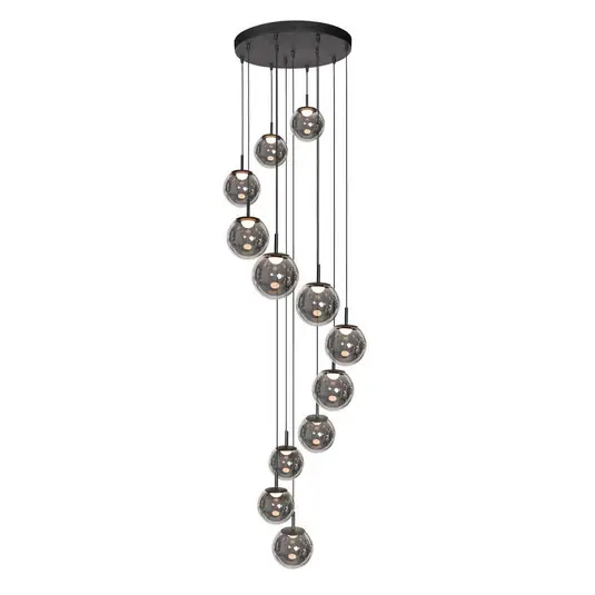 Spedito Oggi Lampada LED a sospensione Bollique, a 12 luci. rotonda, nera, vetro