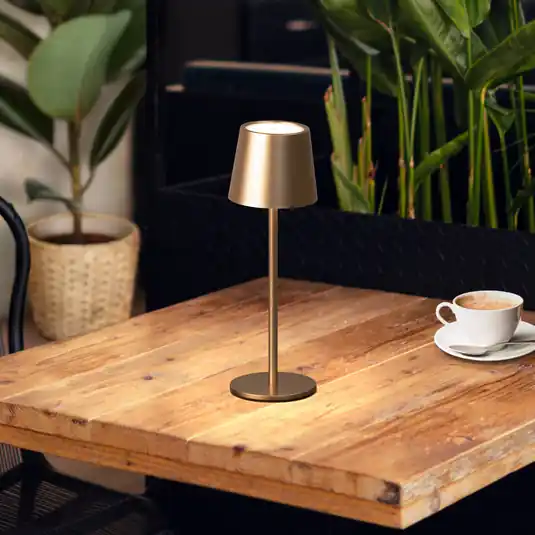 Lampada da tavolo a LED a batteria Roxi, color caffè, metallo, IP54, dimmerabile Di Tendenza