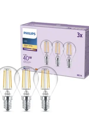 Consegna Rapida Philips Lampadina LED E14 P45 4,3W 470lm 2700K a filamenti, confezione da 3