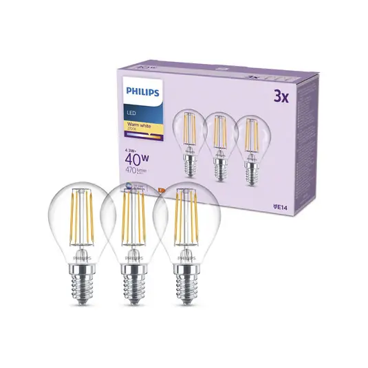 Consegna Rapida Philips Lampadina LED E14 P45 4,3W 470lm 2700K a filamenti, confezione da 3