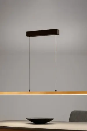 Lampada LED a sospensione Shine-Wood, lunghezza 141 cm, rovere/nero CCT Pagamento Sicuro