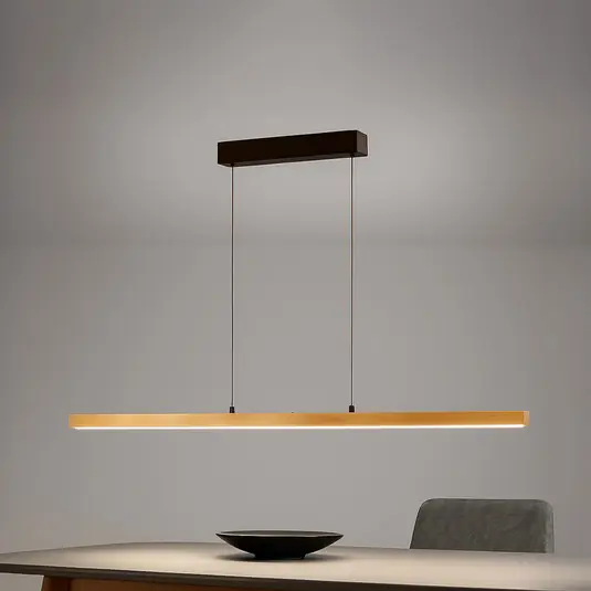 Lampada LED a sospensione Shine-Wood, lunghezza 141 cm, rovere/nero CCT Pagamento Sicuro