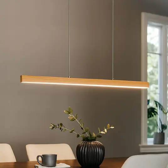 Lampada LED a sospensione Shine-Wood, lunghezza 105 cm, rovere/color nichel Compra Oggi Stesso