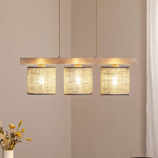 Prezzo Di Fabbrica Lampada a sospensione Forest, a 3 luci, legno chiaro, juta grigia