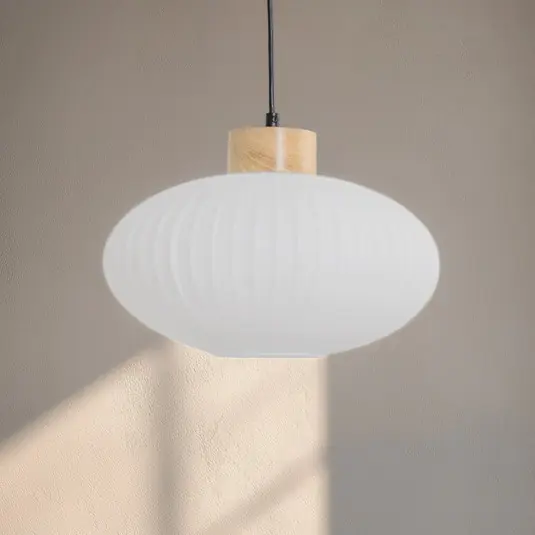 Lampada a sospensione Harmony, Ø 25 cm, bianco/rovere, vetro/legno Esclusivo