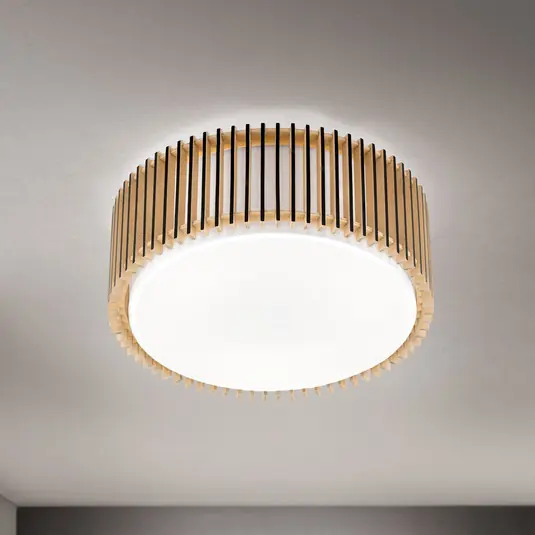 Plafoniera Tarta, Ø 40 cm, legno, diffusore in tessuto, 3 x E27 Professionale