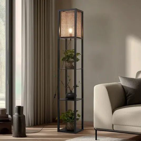 Lindby Piantana Birta, nero/naturale, mensola, rattan Direttamente Dal Produttore