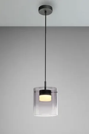 Compra Adesso JUST LIGHT. Lampada LED a sospensione Elio, vetro fumé, a 1 luce, nero