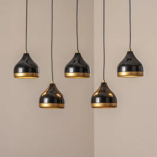 Lampada a sospensione Yildo, nero/oro, a 5 luci. Lunghezza 111 cm Prezzo Ridotto