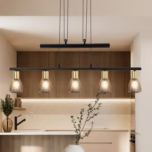 Bestseller Lampada a sospensione Lindita, a 5 luci, vetro, grigio fumo, E14, regolabile