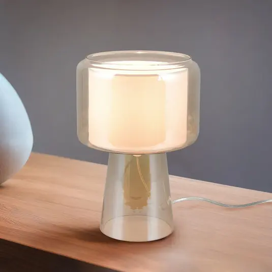 Lampada da tavolo Rocka, color ambra, altezza 29 cm, vetro/tessuto Ultima Occasione