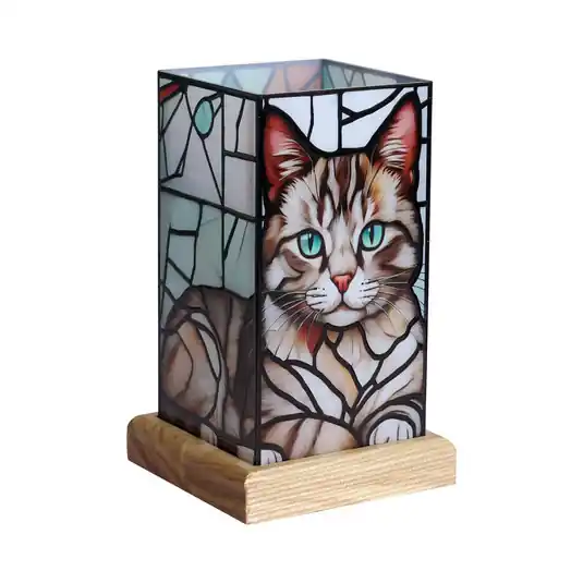 Prezzo Basso Lampada da tavolo LED Art Light Gatto, base in legno, acrilico, colorata