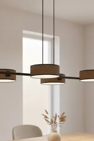 Lampada a sospensione Drumz 4, marrone, tessuto/acciaio, lunghezza 80 cm, E14 Più Venduto