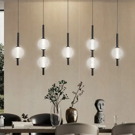 Lampada LED a sospensione Abeona, lunghezza 105 cm, metallo nero, a 7 luci. Direttamente Dal Produttore