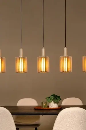 Lampada a sospensione Lambres, taupe, lunghezza 164 cm, vetro/metallo a 5 luci. Ordina Subito