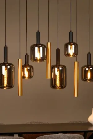 Lampada a sospensione Joanet, lunghezza 130 cm, fumo/ottone, vetro, a 9 luci. Reso Gratuito
