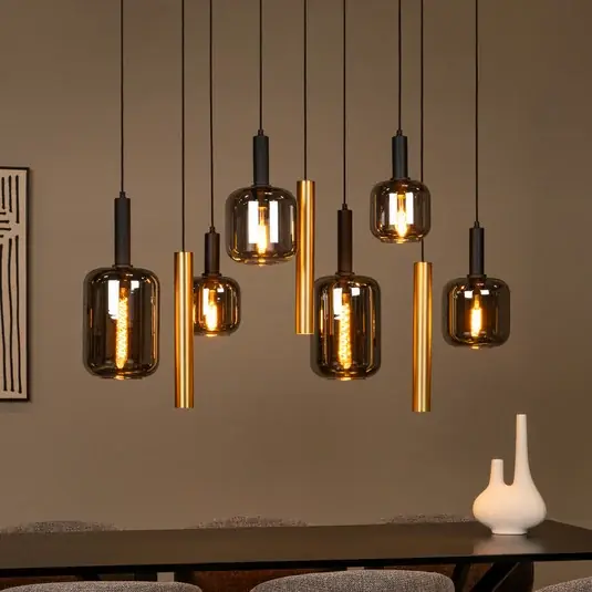 Lampada a sospensione Joanet, lunghezza 130 cm, fumo/ottone, vetro, a 9 luci. Reso Gratuito