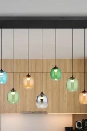 Professionale Lampada LED a sospensione Minara, a 7 luci, lunghezza 102 cm, colorata, vetro