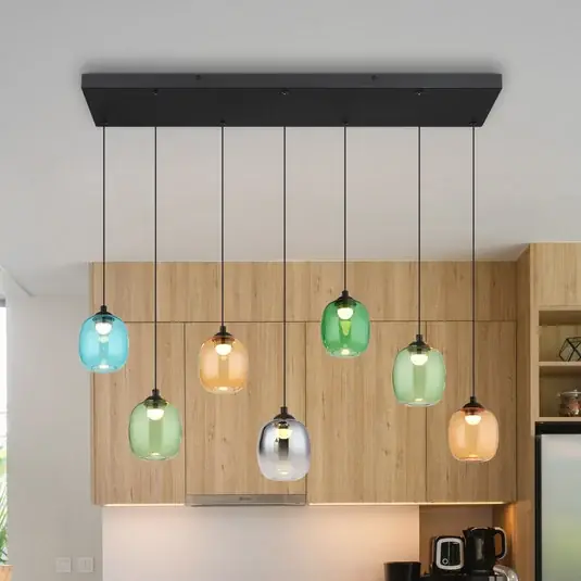 Professionale Lampada LED a sospensione Minara, a 7 luci, lunghezza 102 cm, colorata, vetro