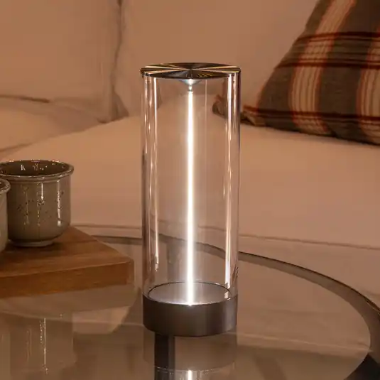 Lampada da tavolo LED ricaricabile Edison, altezza 24 cm, grigio/trasparente, Popolare