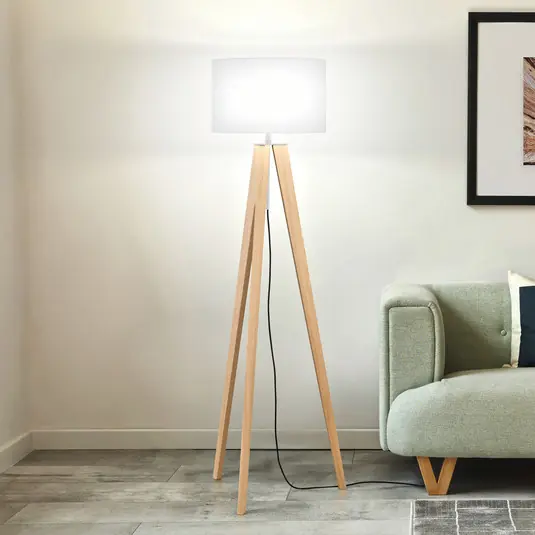 Lampada da terra SHINE-WOOD, bianco/nichel/rovere, altezza 164 cm 3 x E27 Popolare