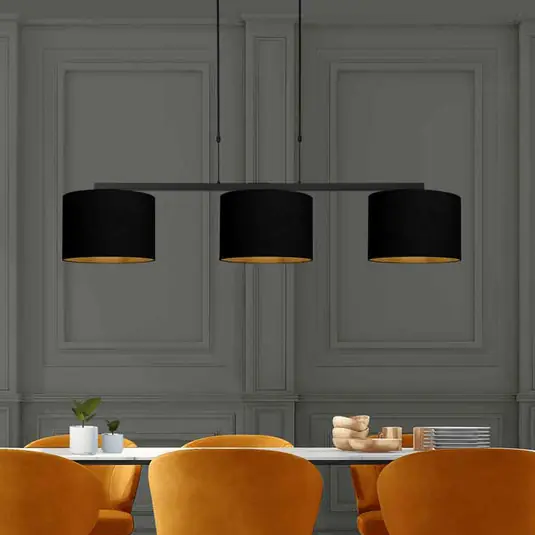 Non Perdere Lampada a sospensione Stang, nero/nero-oro, lunghezza 140 cm, a 3 luci.