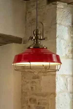 Consegna Rapida Lampada a sospensione Astel, rossa, Ø 41 cm, metallo, dettaglio in ottone antico