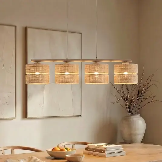 Lampada a sospensione Calma, a 4 luci, beige, rafia, lunghezza 95 cm Di Tendenza