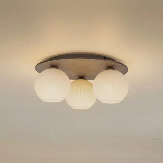 Plafoniera Virlo, a 3 luci, vetro opalino, legno, Ø 42 cm Popolare