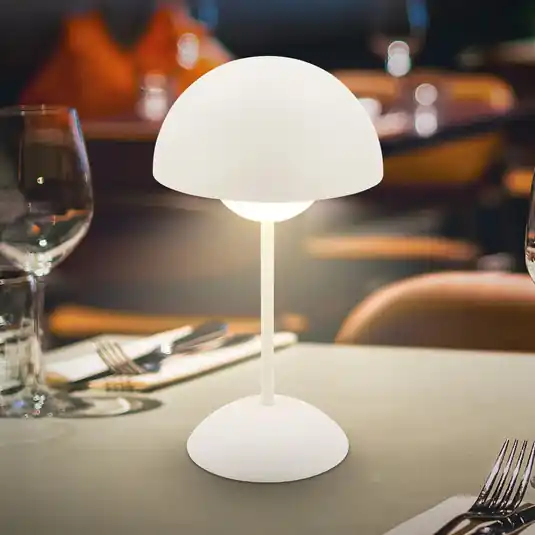 Lampada da tavolo LED ricaricabile Kugle, bianca, metallo, IP44, dimmerabile Compra Online