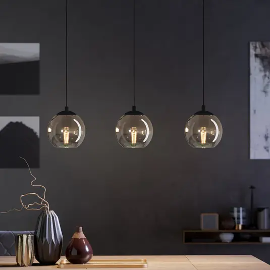 Lampada a sospensione Ariscani, grigio fumo, lunghezza 77 cm, a 3 luci, vetro Compra Oggi Stesso