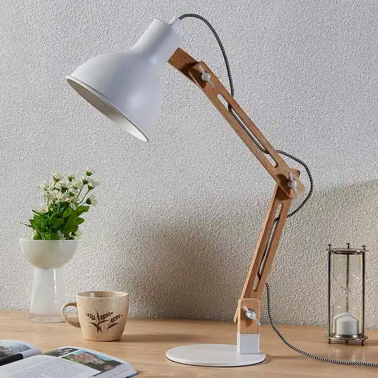 Vendita Finale Lampada di legno Shivanja con paralume bianco