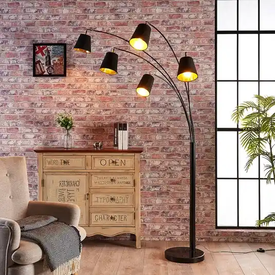 Lampada ad arco Lindby Tinne, nero/oro, marmo, a 5 luci, E14 Prezzo Di Fabbrica