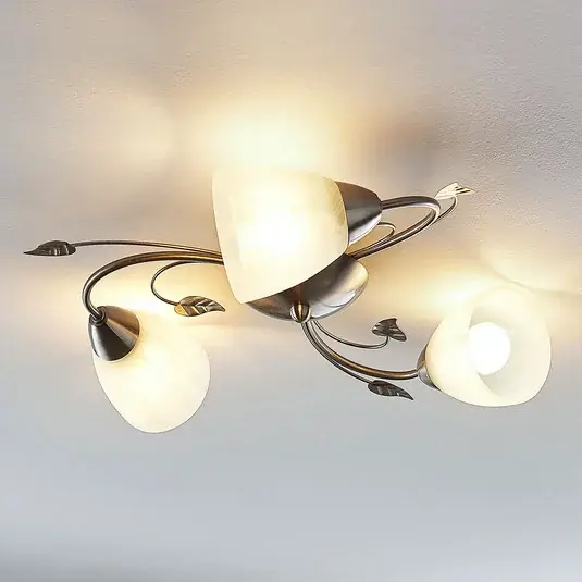Plafoniera Lindby Yannie, a 3 luci, 50 cm, nichel/bianco, vetro Quantità Limitata