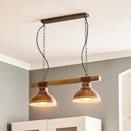 Offerta Speciale Lampada a sospensione Hakon 2 luci ruggine/legno naturale
