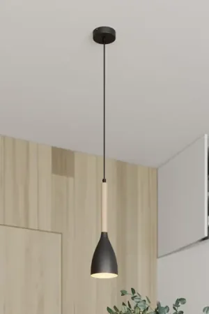 Nuovo Arrivo Lampada a sospensione Muza, nero/legno chiaro, Ø 11 cm